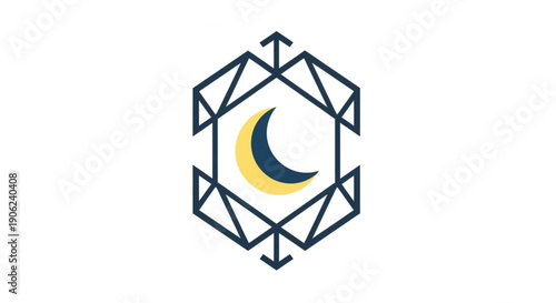 Crescent moon symbol in geometric shape with arrows on white background