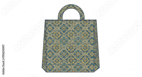 Vibrant green and blue patterned tote bag with yellow accents on white background