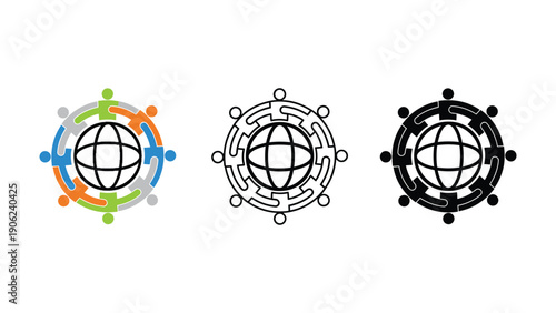 Three icons depict a globe surrounded by people in a circle.
