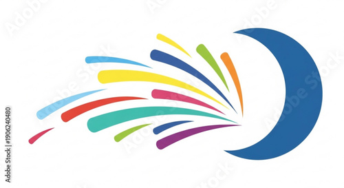 Colorful crescent moon with vibrant streaks of rainbow hues on white background