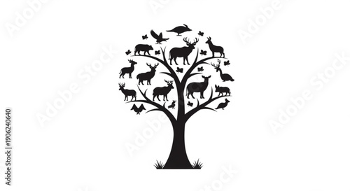 Black silhouette tree with various animal silhouettes on white background