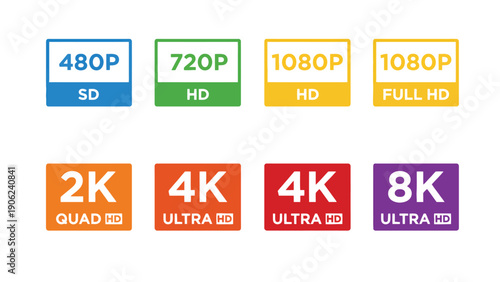 Resolution video quality icons in different formats and definitions