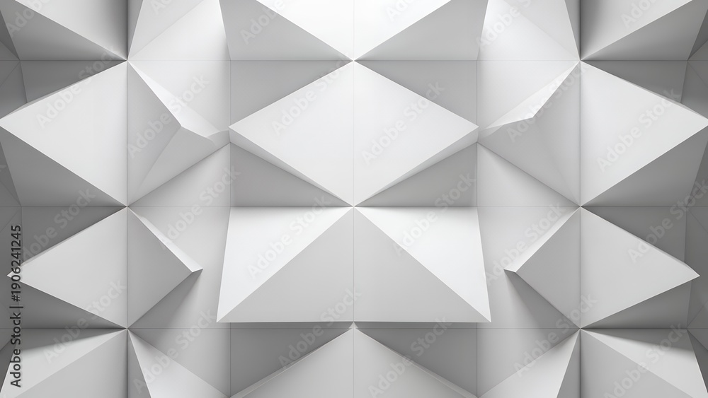 Obraz premium Geometric shapes forming a 3D pattern on a wall with triangular and rectangular facets creating a textured surface from a frontal viewpoint