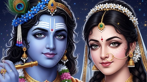Illustration of Radha and Krishna adorned in traditional attire, set against a celestial night sky backdrop with stars and subtle glow