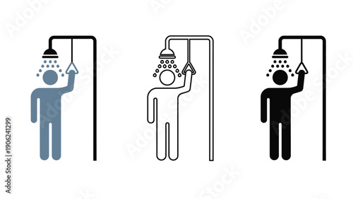 Three stick figures taking shower with different colored icons
