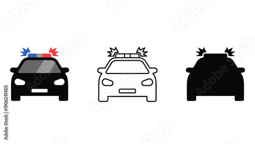 Police car icon set with siren and explosion graphics