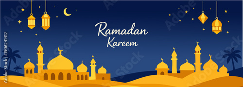 Ramadan Kareem Greeting Banner Featuring Mosque and Lantern Decoration