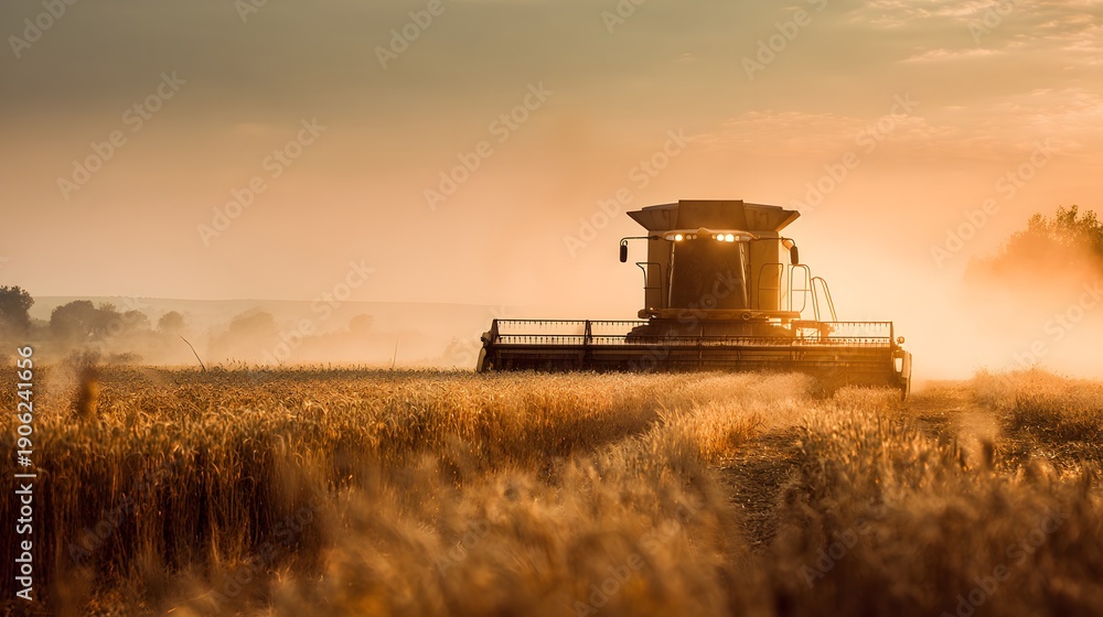 Fototapeta premium Golden Hour Harvest - Combine Harvester Working in a Wheat Field at Sunset.