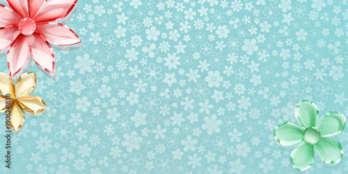 Colorful crystal flowers on a light blue background with subtle floral pattern.