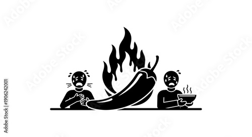 Spicy chili pepper inferno with overwhelmed people experiencing extreme heat and discomfort while eating symbolizing intense