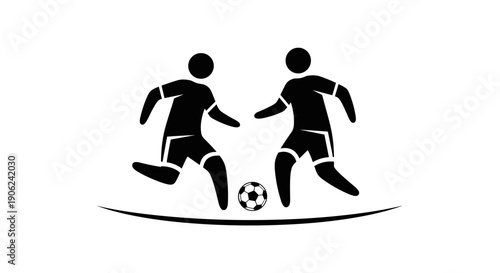 Dynamic silhouette of two soccer players in action battling for the ball with intense focus on a clean white background