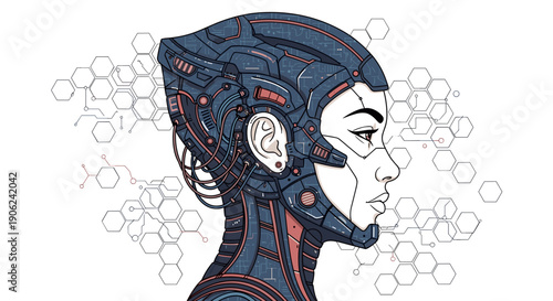 Intelligent robot head profile futuristic android with intricate mechanical details and glowing blue accents symbolizing