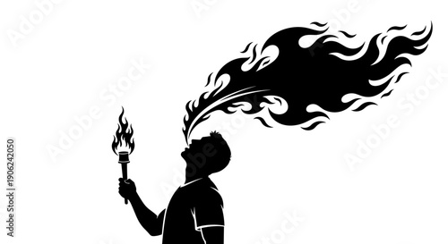 Silhouette of a person exhaling a large plume of fire from their mouth holding a flaming torch symbolizing passion creativity