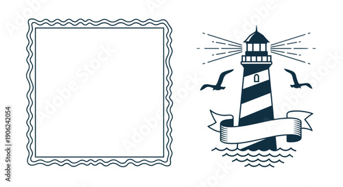 Nautical scene with a striped lighthouse guiding ships framed by a decorative border featuring seagulls flying overhead