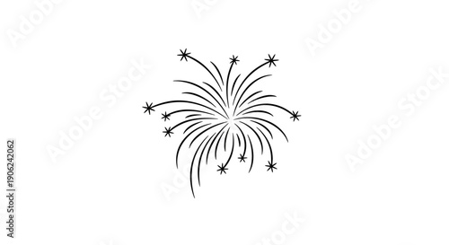 Simple black and white line art illustration depicting a festive firework explosion icon for