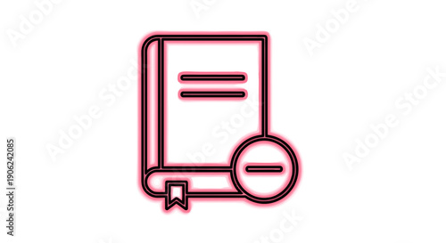 Red neon outline of an open book with a minus symbol inside a circle representing deletion or removal of information data