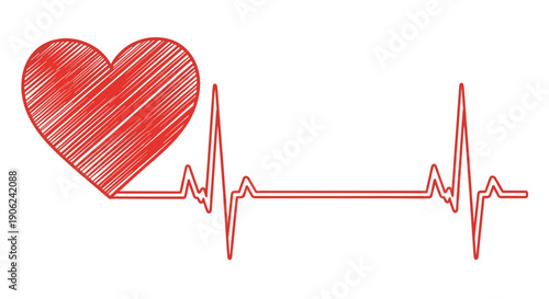 Red hand drawn heart symbol connected to a vibrant electrocardiogram line representing life health and vital signs in a clean