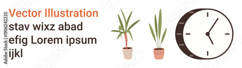 Home decor, time management, modern design, office setup, relaxation, aesthetics. Potted plants and a clock with placeholder text. Home decor and time management concept