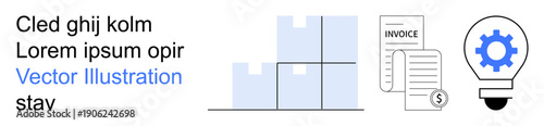 Logistics, automation, inventory management, financial processing, business planning, innovation. Stacked boxes, financial invoice gear-themed lightbulb. Logistics and automation concepts