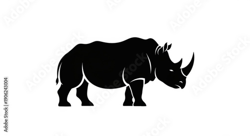Black silhouette of a rhinoceros standing alone on white background