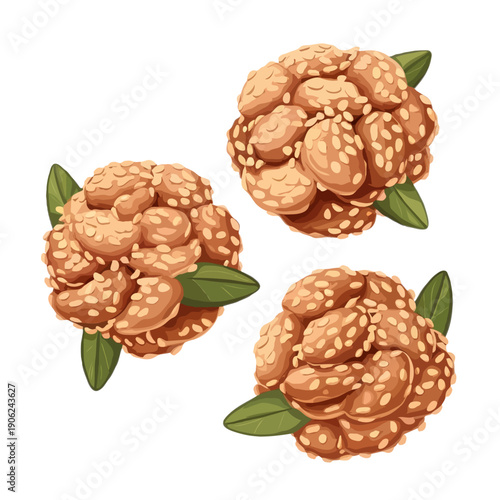 Three golden brown baked treats with a crispy texture on a white background isolated on white background, Vector, illustration