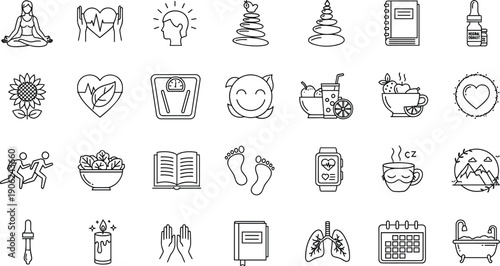 Black Outline Wellness Icons Set Featuring Yoga Healthy Food Mental Health Exercise Medical Care and Spa for Lifestyle Healthcare Design,