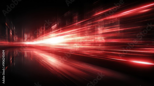 Abstract Red Light Streaks on a Dark Reflective Surface Creating a Sense of Speed and Technological Advancement with Cityscape Silhouette in Background
