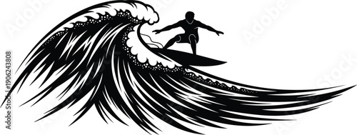 Black Silhouette of a Professional Surfer Riding a Massive Ocean Wave for Extreme Summer Sports Beach Lifestyle and Travel, cad drawing flat vector illustration