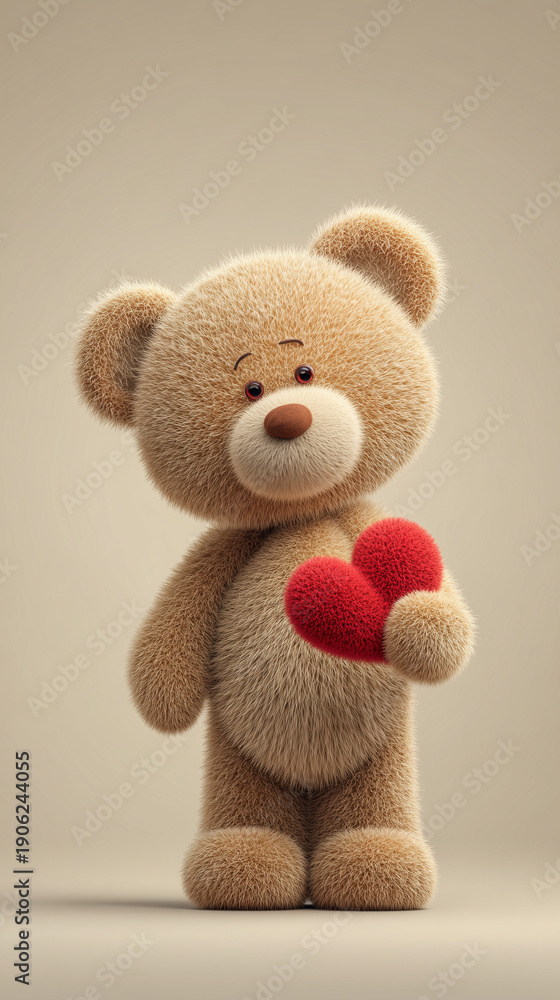 Obraz premium Brown Teddy Bear Standing Upright Offering Red Heart (Full Body View)