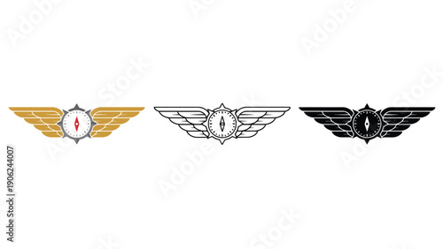 Three stylized wing emblems with a compass rose in the center.