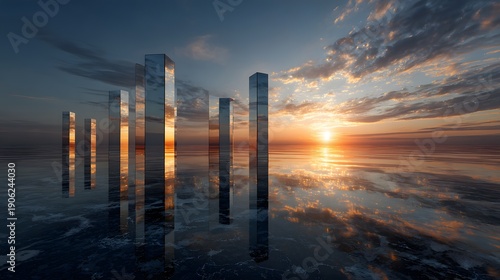 Mystical Cityscape - Reflective Pillars at Sunset, Serene Waters, Dramatic Sky.