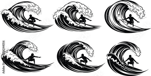 Black Silhouette Set of Surfers Riding Massive Ocean Waves and Barreling Tubes for Extreme Summer Sports Beach Lifestyle and Travel, cad drawing flat vector illustration