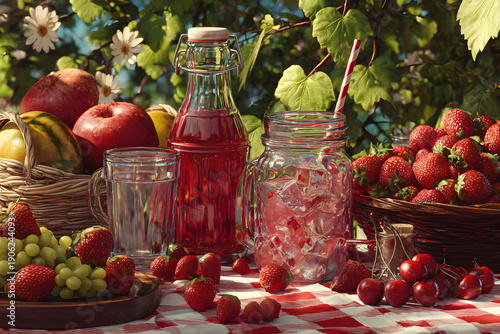 Refreshing fruit display on a picnic table with drinks and fresh produce during daytime gathering
