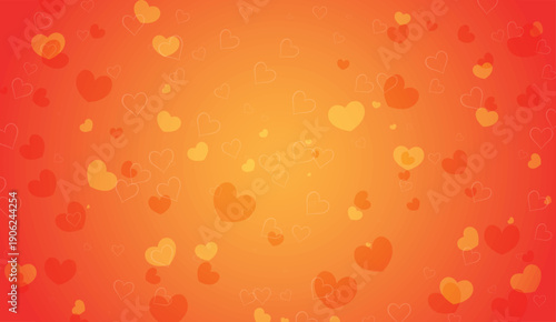 Romantic gradient background with heart shapes in warm red and orange, Valentine's day background, holidays background