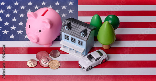 Real estate, conceptual background on the US flag, renting, investing, and business. Real estate