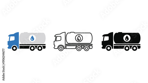 Three tanker trucks with water droplet logos in different colors and styles