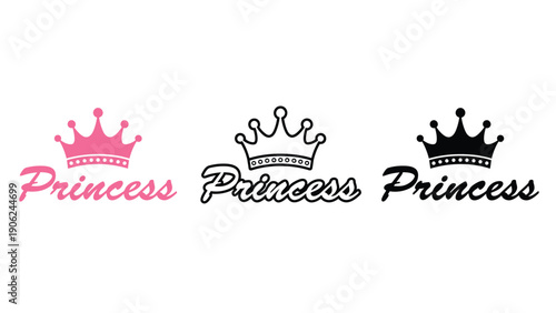Princess logo icon set with crown and royal text illustrations