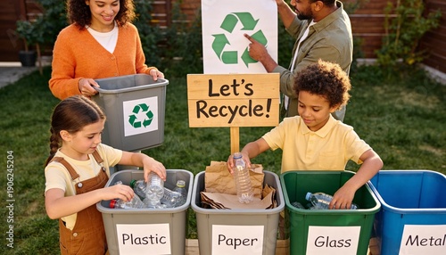 Happy family teaching children how to sort plastic and paper waste in recycling bins outdoors.