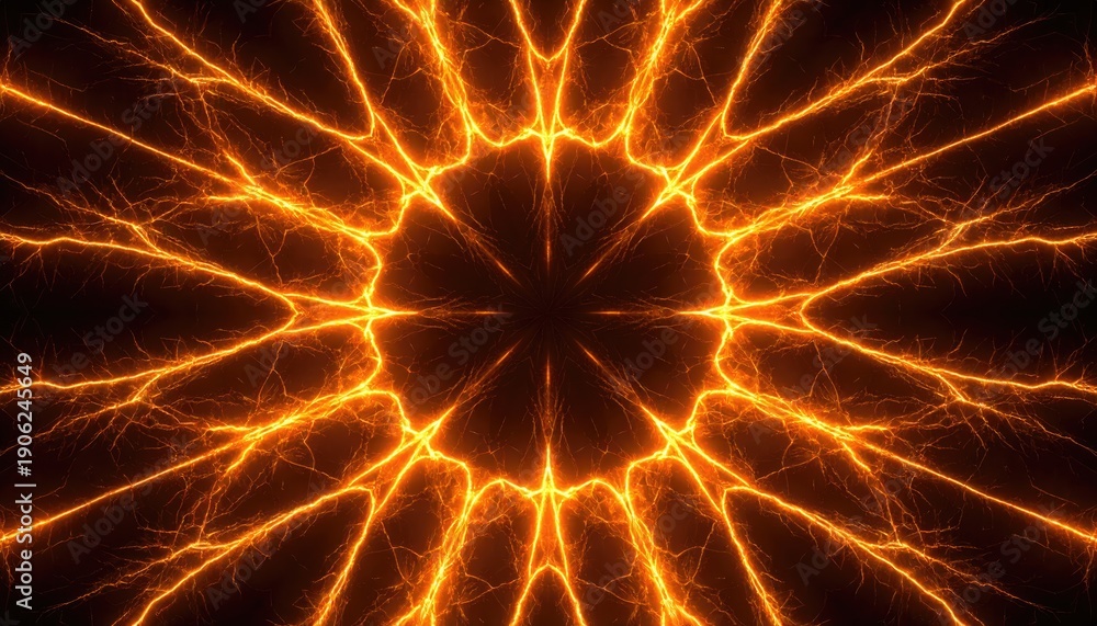 Obraz premium Abstract golden pattern with radiating lines and a central focus, creating a mesmerizing visual. The design has a dark background and the light emits a powerful, fiery glow