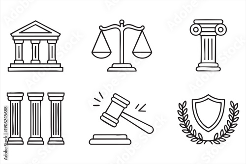 Justice system courthouse and gavel outline symbols
