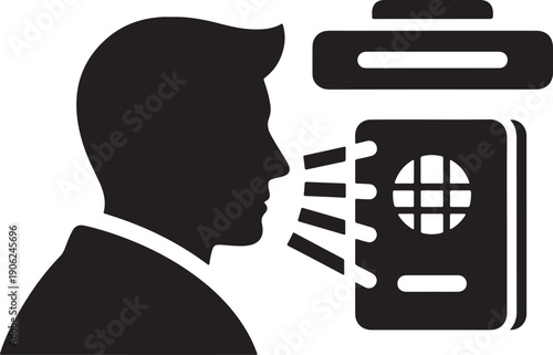 Minimalist vector illustration of a person using voice recognition technology isolated on white background