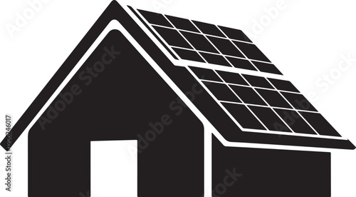 Minimalist house with solar panels on roof isolated on white background