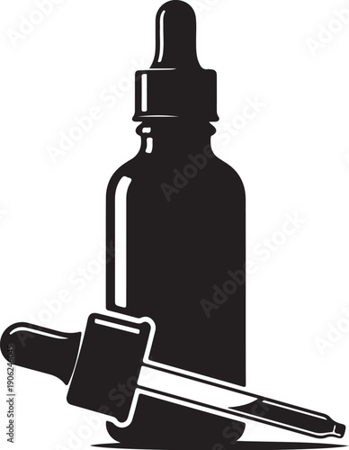 Minimalist black and white essential oil dropper and bottle isolated on white background