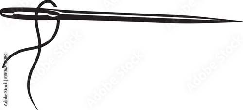 Minimalist black and white needle and thread illustration isolated on white background