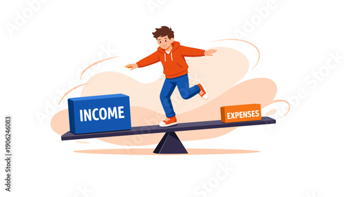 Man Balancing Income and Expenses on Scale.