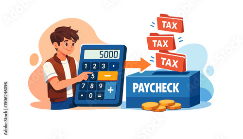 Man Calculating Tax on Paycheck with Calculator.