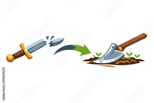 Broken sword transforms into ploughshare tilling soil with seedlings