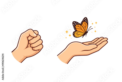 Hand opening to release a butterfly, symbolizing freedom and new beginnings