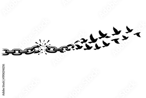 Breaking chain transforming into flock of birds for freedom