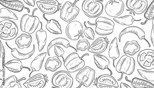 Seamless Pattern with Hand Drawn Chili Peppers Outline Vegetable Illustration for Textile Packaging Background and Print